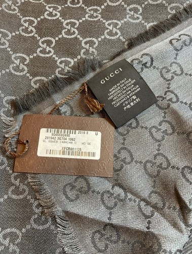 Gucci GG Jacquard Monogram Wool Silk Shawl Scarf Charcoal - Picture 2 of 5