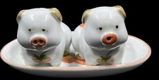 Vintage Pig Salt & Pepper Shaker Set Strawberries Design With Tray Ceramic