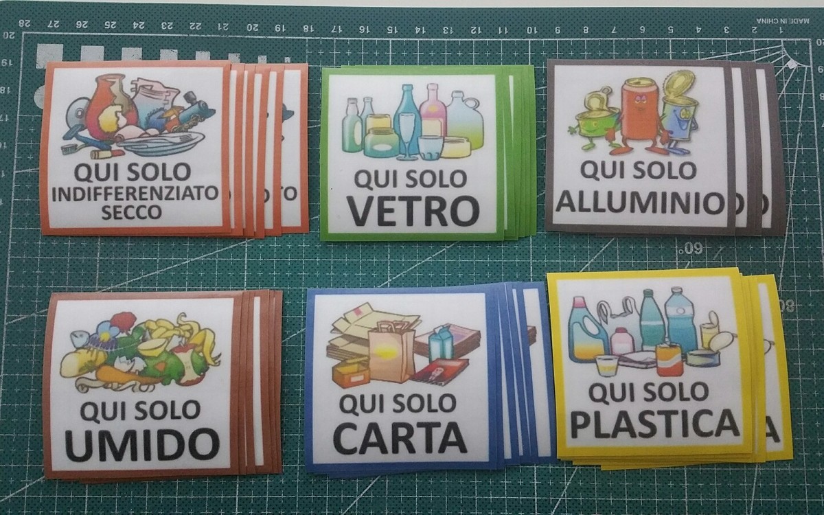 Set di 6 Adesivi Raccolta Differenziata Rifiuti Mis.15×4cm con