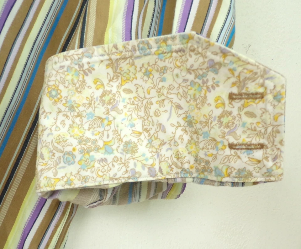 Camisa social masculina THOMAS DEAN XXL marrom verde e roxo listrada punho de contraste - Imagem 4 de 4