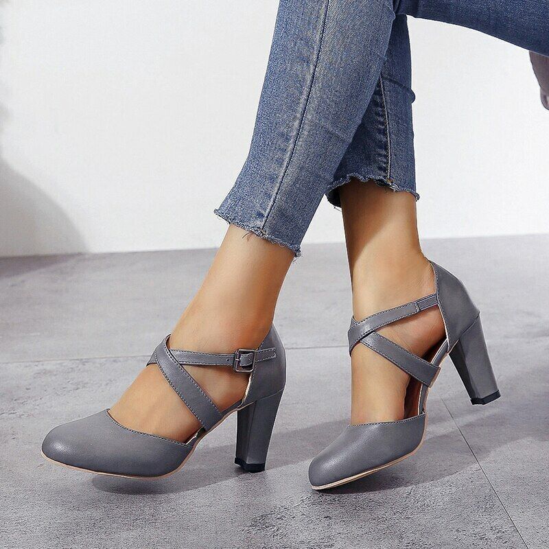 Grey Block Heels Suede Shoes Round Toe Casual Pumps|FSJshoes