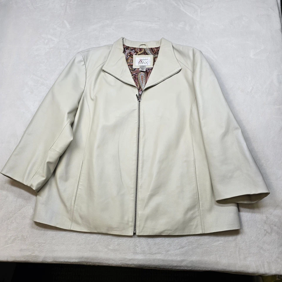 Madison & Max Leather Jacket Womens 3X Plus Size Cream White Zip Paisley Lined - Image 2 of 4