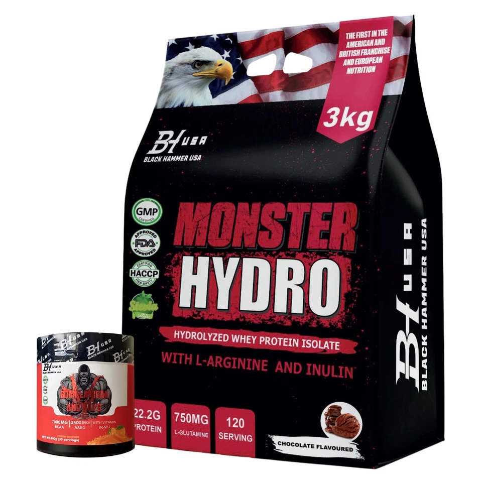 Monster Hydro Whey Protein 3KG Hydrolyzed Protein + FREE BCAA -Black Hammer USA - Bild 1 von 4