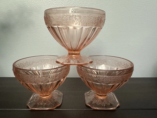 3 VINTAGE Jeannette Glass Co. ADAM PINK Low Footed Sherbet Dishes