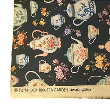  100% Cotton Teapot Fabric By Michael Miller, Navy Tea Garden, 1/2 (Half Yard) 