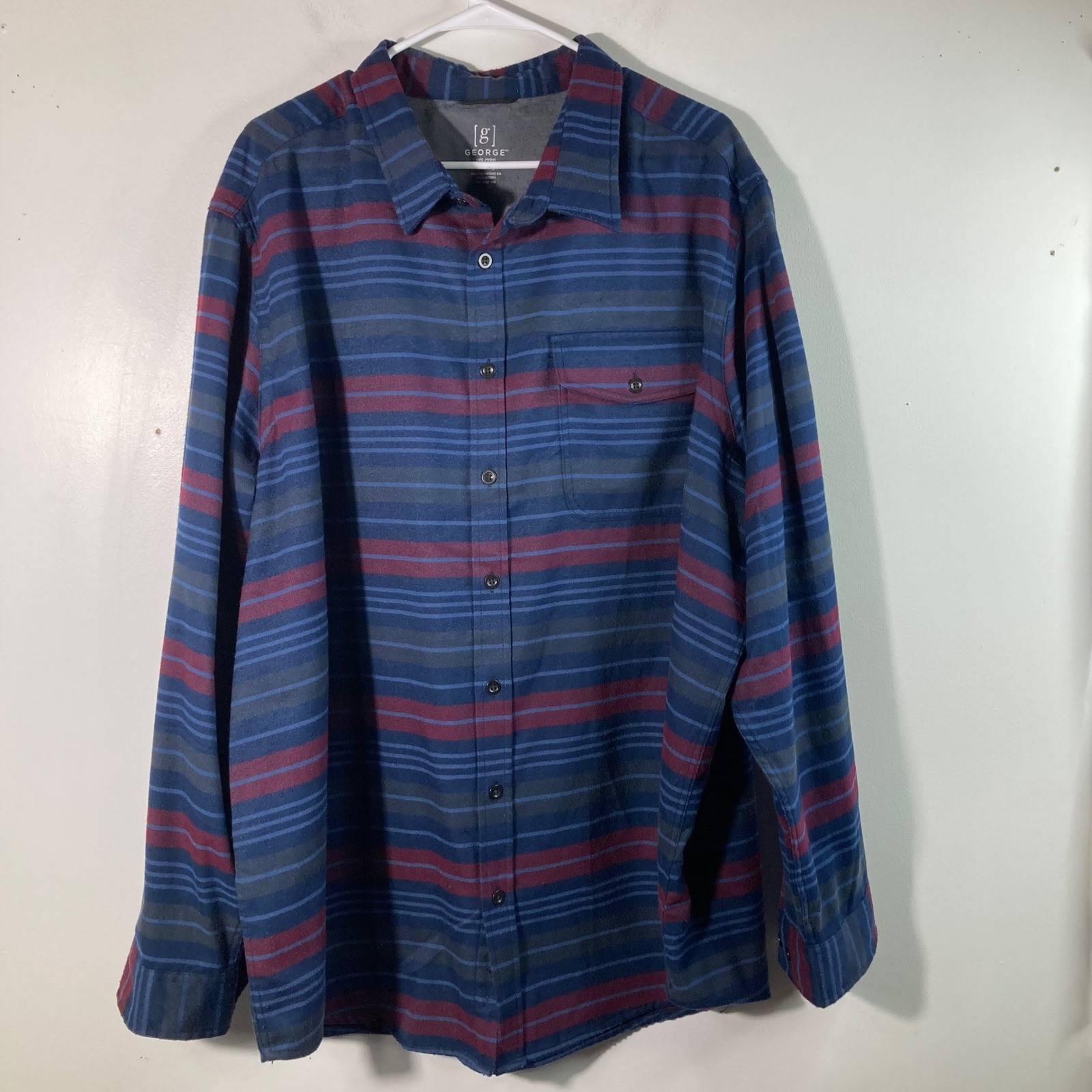 George Blue Stripe Flannel Shirt Long Sleeve Button Up Pocket Men's 3XL