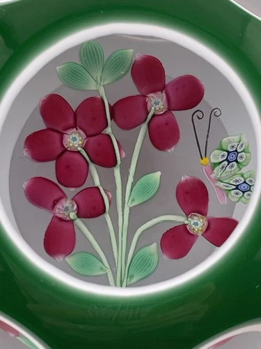 Peter McDougall 2004 L.E. Double Overlay Butterfly/Red Flowers Paperweight