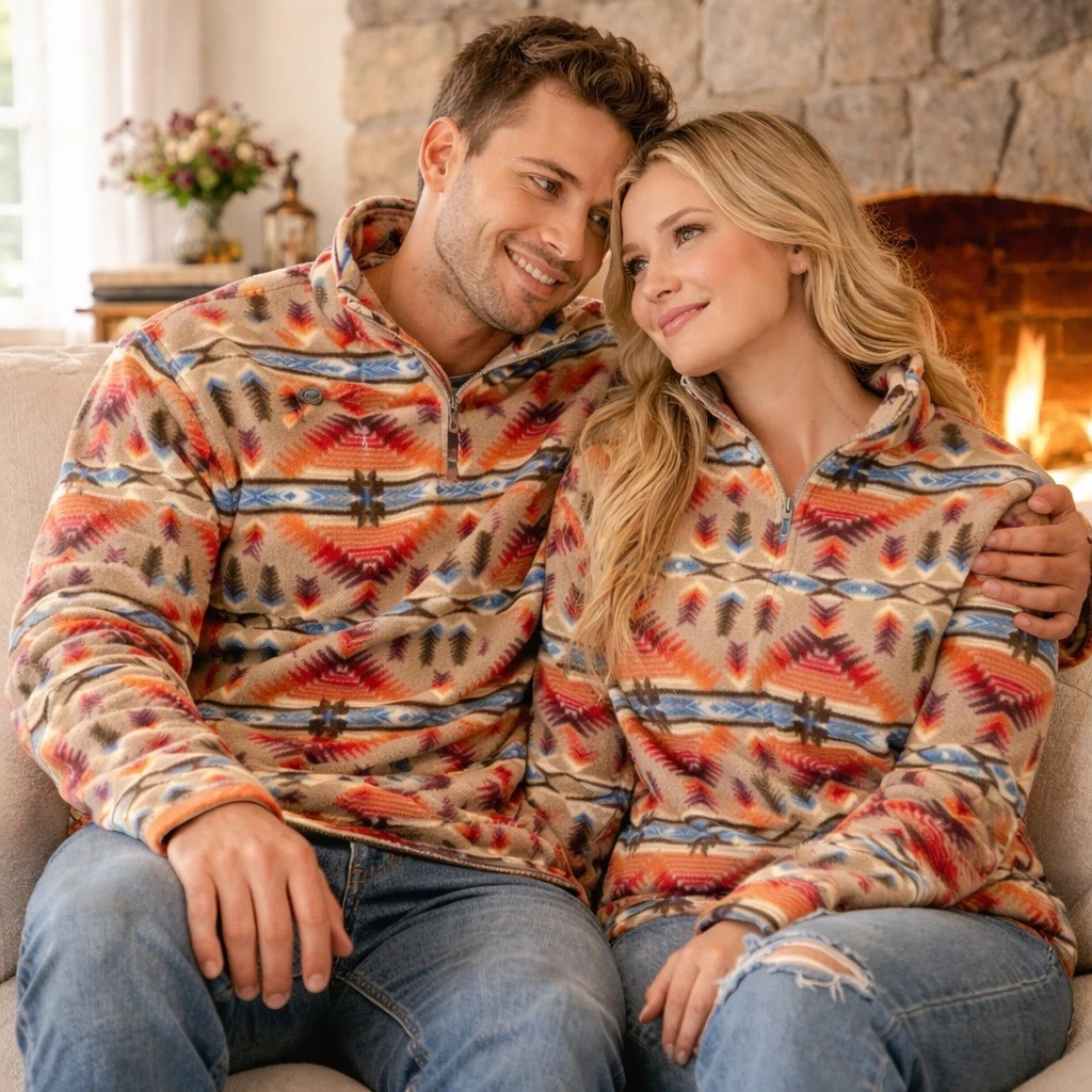 Powder River Outfitters Aztec Fleece Pullover Quarter Zip Unisex S Southwestern