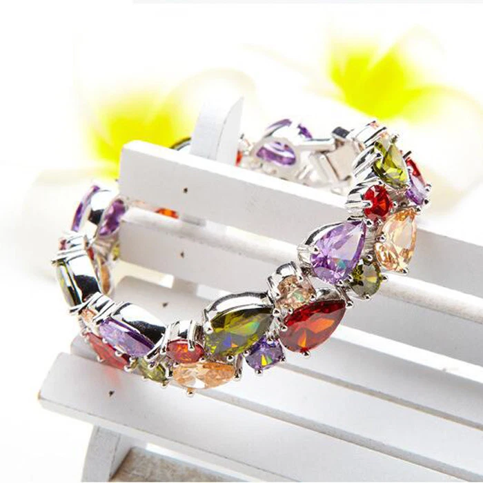 Silver Chain Mona Lisa Multi Color Morganite Topaz Gemstone Charm Women Bracelet - Image 4 of 4