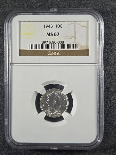 1943 U.S. Mercury Dime - Bright White - MS-67  (NGC)