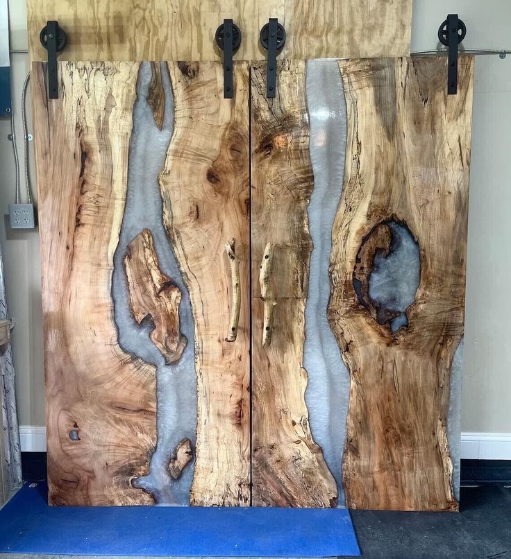 Custom Barn door of walnut wood and epoxy resin /Sliding live edge/river door-image