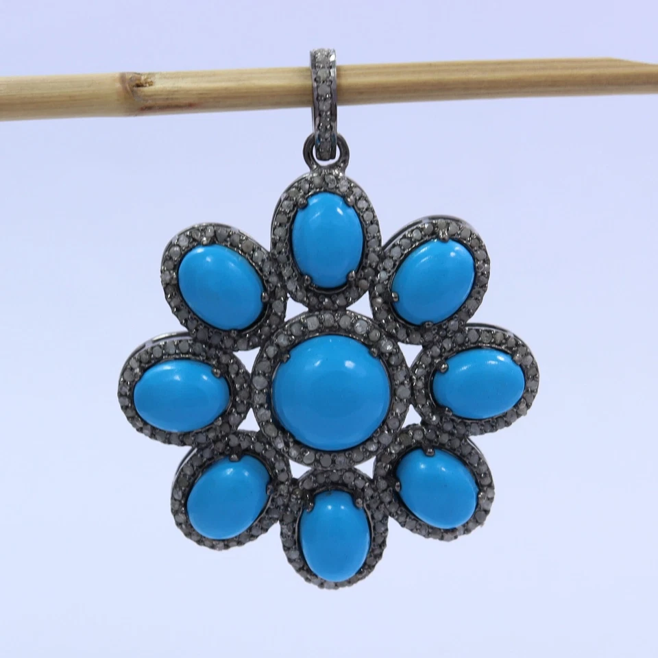 Colgante grande de plata esterlina 925 hecho a mano con diamantes pavé natural turquesa Foto 3 de 4