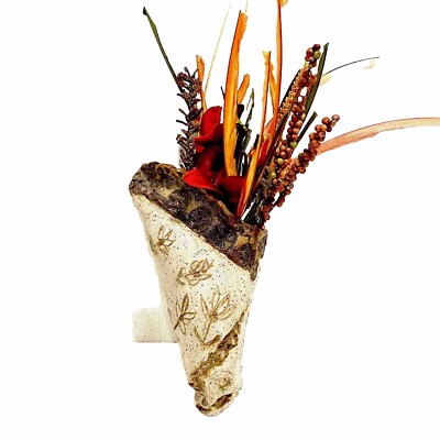 Wall Pocket Vase Pottery Flower Design Appx 8  Tan Brown Rustic Offset Decor