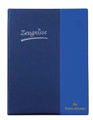 IDENA Zeugnismappe mit Gravur / Zeugnisringbuch A4 mit 10 Hüllen /Farbe: metallic blau