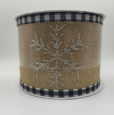 Textured Snowflakes Black White Buffalo Check Trim Tan Wired Ribbon 3.5" x 20'