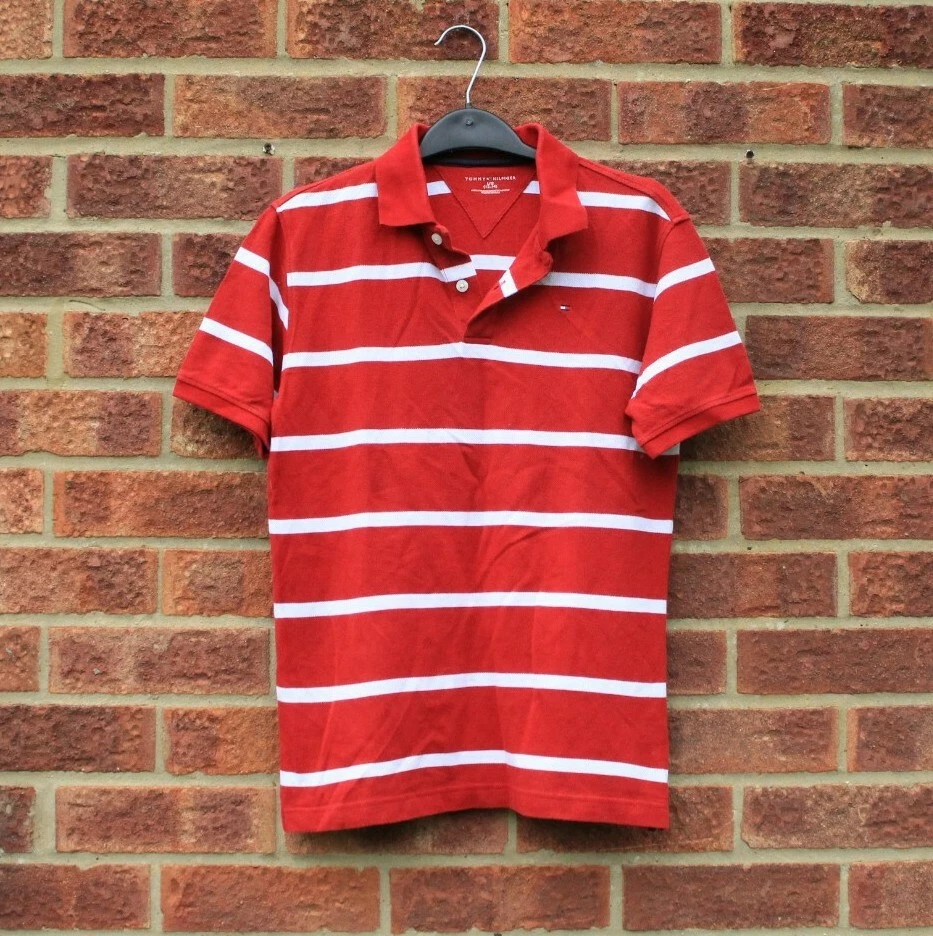 Vtg red white striped polo shirt Tommy Hilfiger sports patterned