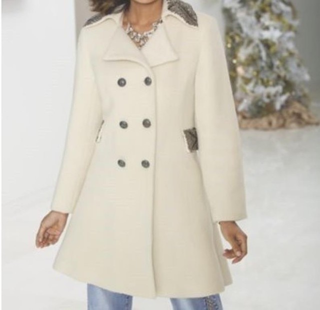 Women's Winter Fall Embellished Beaded Ivory Wool Blend Coat Jacket