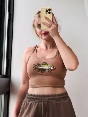 NWT Handmade Brown Patchwork Fish Graphic Embroidered Applique Crop Tank Top