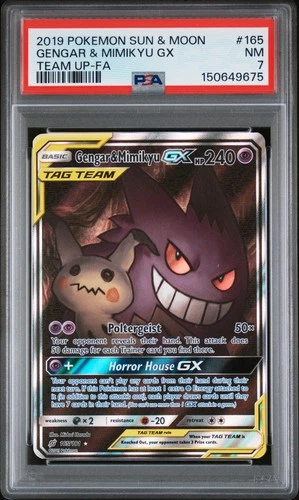 2019 POKEMON SUN & MOON TEAM UP #165 FULL ART/GENGAR & MIMIKYU GX PSA 7