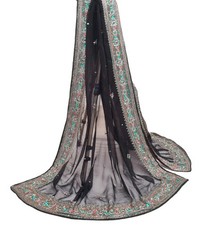 Sushila Vintage Black Pure Chiffon Dupatta Glass Beads Embellished Long Stole