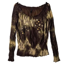 Boho Grunge Lace Embellished Top Womens Size Medium Brown Tan Ombre Fairycore