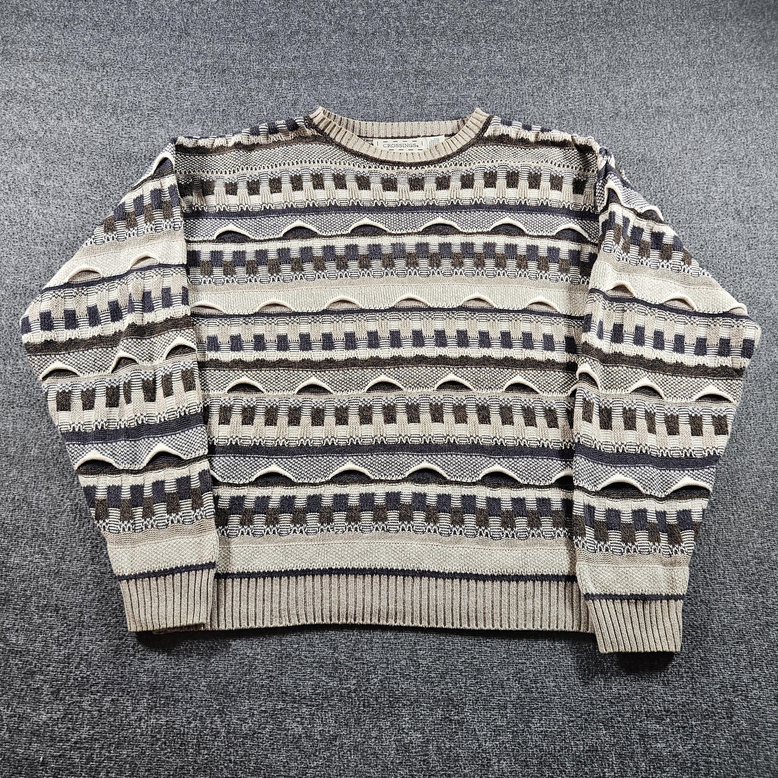 Vintage Crossings Sweater Mens Medium Beige 3D Knit Geometric Made USA 90s