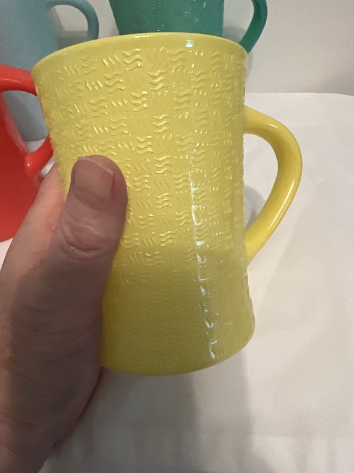 Lot Of 7 Vintage Glasbake J-2277 Milk  Glass Mugs. Basketweave Pattern 1961-1983