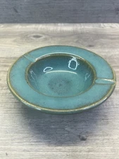 Vintage Art Deco Pottery Turquoise Glaze Hand Made HEAVY Round Ashtray