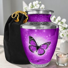 Purple Butterfly Adult Cremation Urn for Human Ashes, Large with Velvet Bag