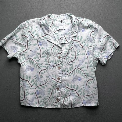 Cynthia Rowley Women Shirt 100% Linen Medium Bird Botanical Print Camp Collar