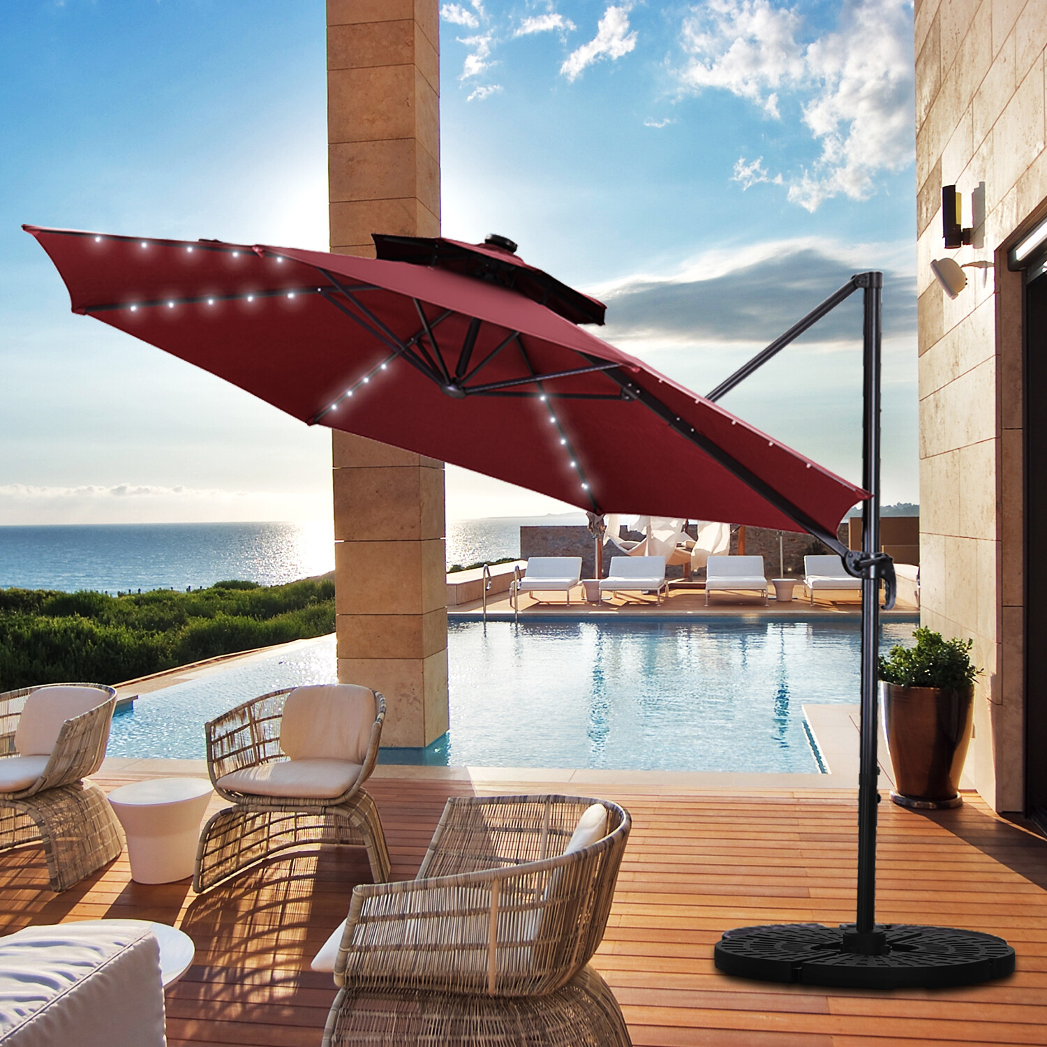 11 Offset Patio Umbrella With Mosquito Net Jet Setter Red For Sale Online Ebay