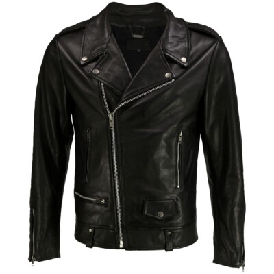 New Mens Brando Sheepskin Black Leather Jacket Asymmetrical  Biker Motorcycle