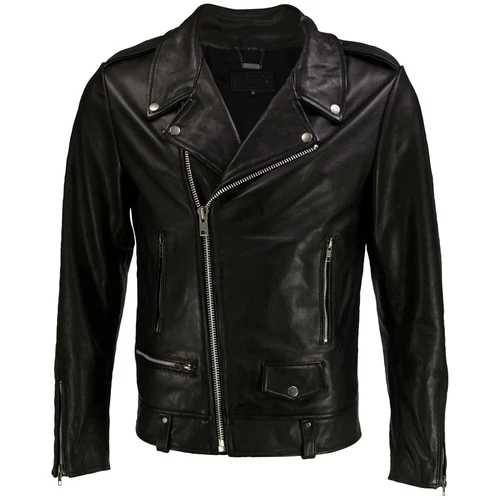 New Mens Brando Sheepskin Black Leather Jacket Asymmetrical  Biker Motorcycle - product listing photo