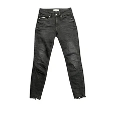 Odd Molly Black Wash Skinny Jeans Ankle Zipper Raw Hem Denim Textured Size 26