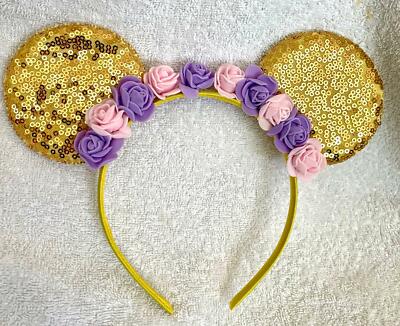 Stirnband Minnie Mouse Gold Sequenz Glitzer Rosa Blumen Ohren Halloween für Kinder 