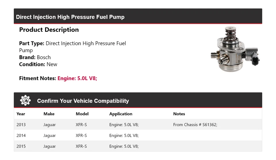 Bomba de combustible de alta presión de inyección directa Bosch de 5,0 L para Jaguar XFR-S 2013-2015 Foto 2 de 4