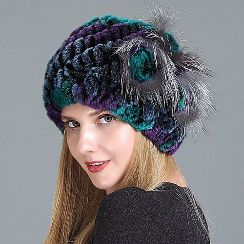 Damen Echt Rex Kaninchenfell Beanie Mütze Winter Warm Mütze mit Fuchs Handarbeit Geflochten - Bild 45 von 52