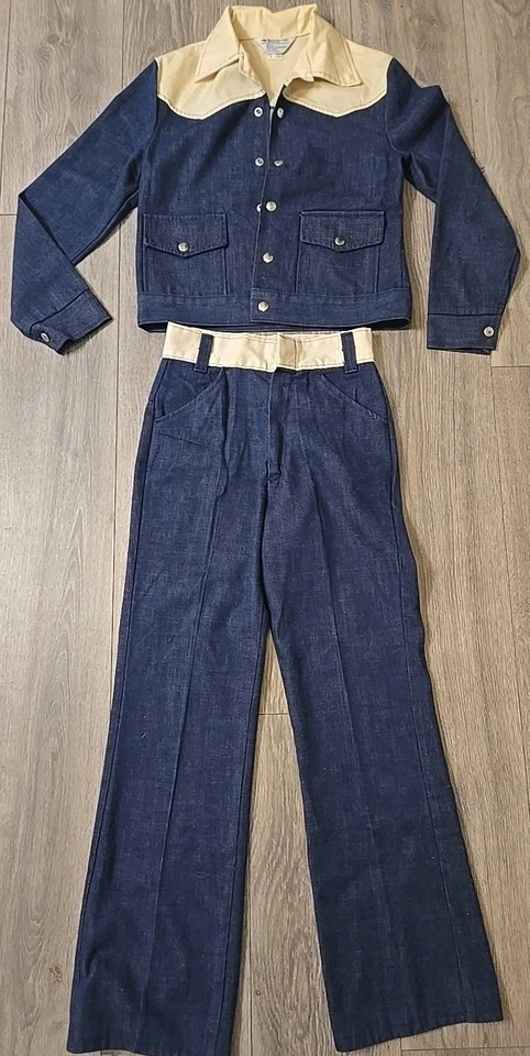Raro Traje Denim Vintage Años 60 70 JCPenney Niños 2 Piezas Chaqueta Pantalones Talla 16 Delgado  Foto 3 de 4