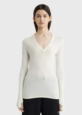 ENZA COSTA Fitted Cuffed Long Sleeve V-Neck Sweater Ivory S $295 D1