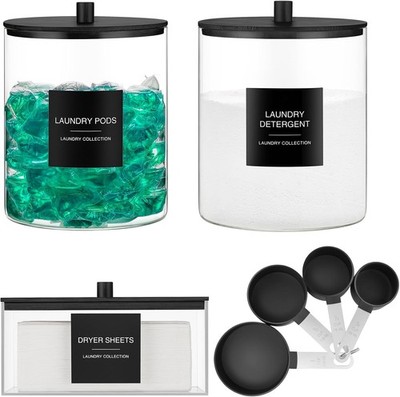 3 Pa Glass Jars and Acrylic Dryer Sheet Holder, Laundry Pods Container