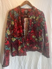 Chicos Addictions Blazer Size 2 or L Red Floral Open Front Jacket Ruffle Cotton