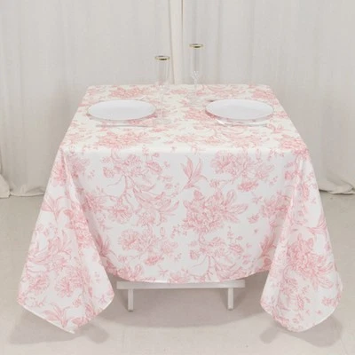 CRAFTSNFAVORS 70" x 70" Pink French Toile Pattern Polyester Square Tablecloth Disposable