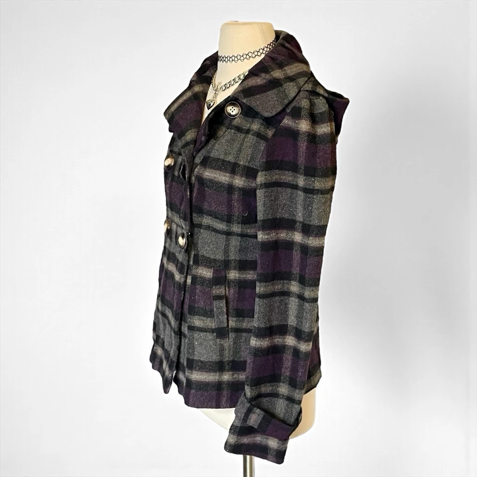 液压 Y2K 格子豌豆外套连帽夹克紫色学院暮光之城哥特复古 — 第 4/4 张图片