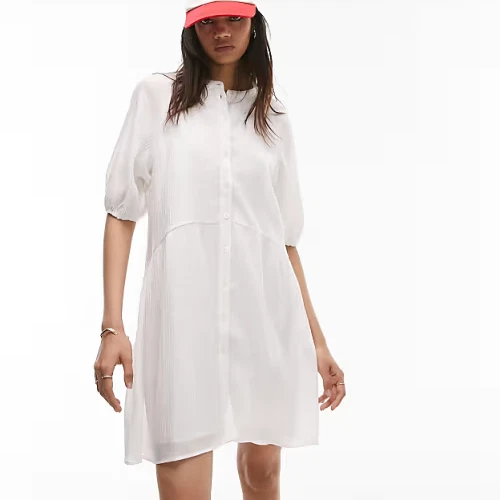 OFF WHITE Abito mini camicia chuck on testurizzato Topshop taglia 16 smock avorio bianco sporco NUOVO