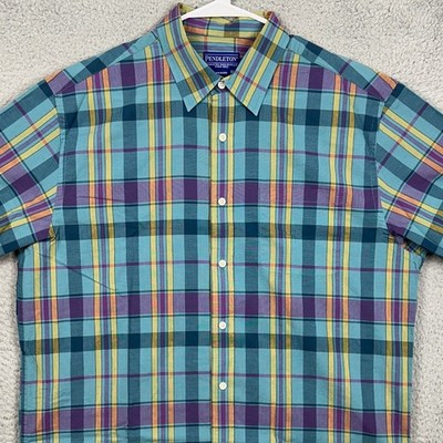 Pendleton Shirt Mens Large Teal Multi Button Up Plaid Pocket Short Sleeve EUC