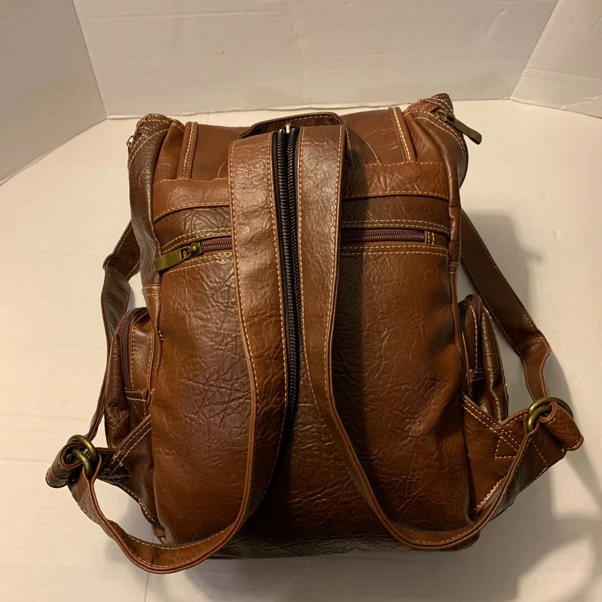 Coofit Brown Backpack Purse Travel Zipper Large Capacity Faux Leather
