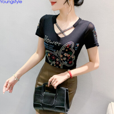 Korean Women Rhinestone Strap Butterfly Mesh Slim Party Club Tops T-shirt Blouse