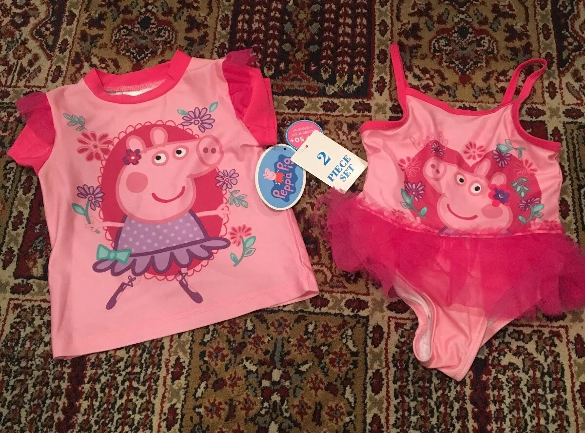NWT Peppa Pig toddlers Girls Pink Swimsuit And Rash Guard Set Size