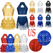 Kids Girls Sequins Halter Neck Crop Top with Skirted Shorts Modern Dance Costume