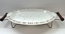 Vtg MCM Fire King Milk Glass Meat Serving Platter w/Stand White Gold Accents USA